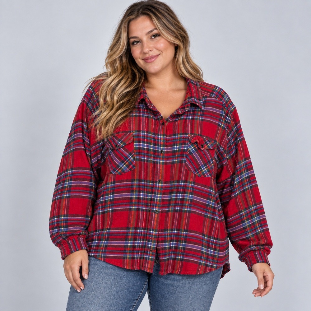 Dreams & Co Flannel Shirt Womens 4X 34/36 Red Plaid 100% Cotton Snap Front